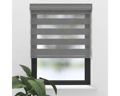 Graues Doppelrollo am Fenster zur Lichtsteuerung