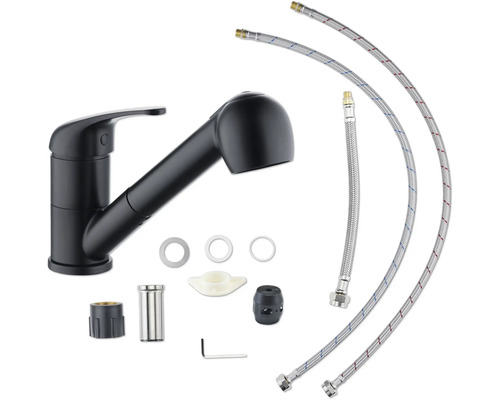 Schwarze Küchenarmatur mit Zubehör und Anschlussschläuchen