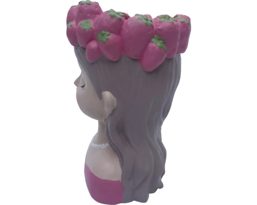 Blumentopf in Form eines Mädchens mit Erdbeerkranz