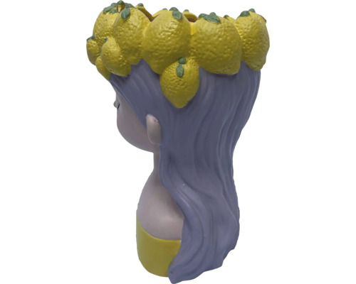 Blumentopf in Form einer Frau mit Zitronen auf dem Kopf