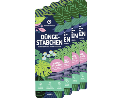 Mehrere Packungen Düngestäbchen mit Pflanzenkohle von Wundgarten für Zimmerpflanzen.