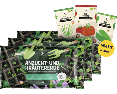 Anzucht- und Kräutererde mit Bio-Saatgut von Schnittlauch, Tomate und Salatgurke