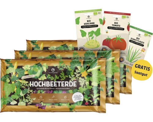Hochbeeterde im 20 Liter Sack mit Saatgutpackungen für Kohlrabi, Tomate und Schnittlauch