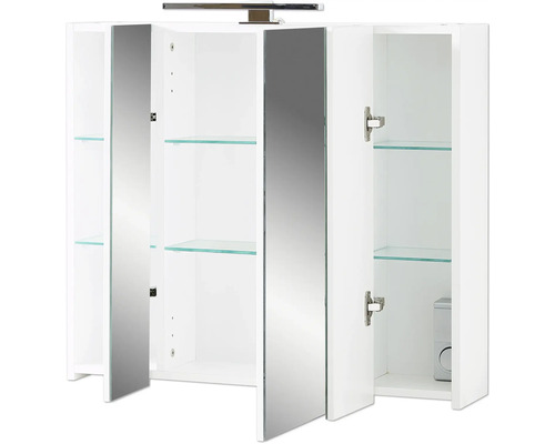 Offener Spiegelschrank mit Glasablagen und Beleuchtung