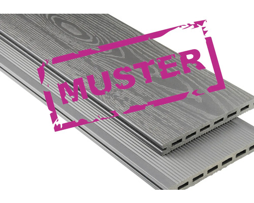 Handmuster zu Konsta WPC Terrassendiele Extenso Hohlkammerprofil strukturiert mattiert 20x190 mm dunkelgrau Handmuster zu Konsta WPC Terrassendiele Extenso Hohlkammerprofil strukturiert mattiert 20x190 mm dunkelgrau