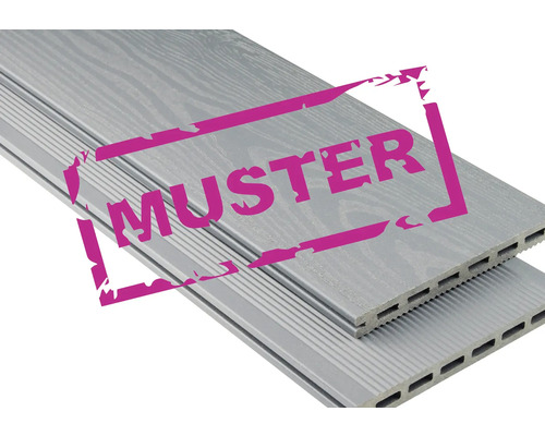 Handmuster zu Konsta WPC Terrassendiele Extenso Hohlkammerprofil strukturiert mattiert 20x190 mm hellgrau Handmuster zu Konsta WPC Terrassendiele Extenso Hohlkammerprofil strukturiert mattiert 20x190 mm hellgrau