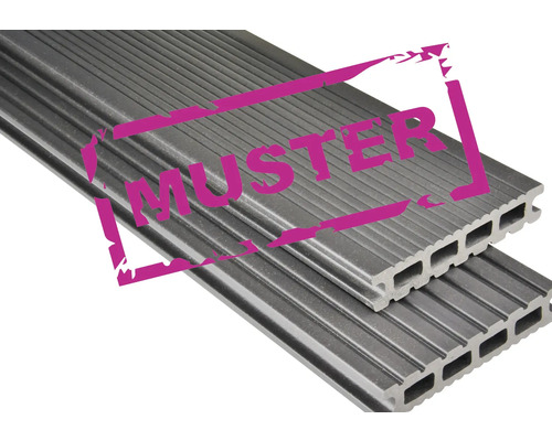 Handmuster zu Konsta WPC Terrassendiele Futura Hohlkammerprofil mattiert 26x145 mm graubraun Handmuster zu Konsta WPC Terrassendiele Futura Hohlkammerprofil mattiert 26x145 mm graubraun