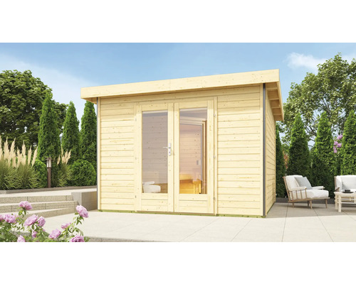 Saunahaus Karibu Sainburga 1 Set A ohne Ofen mit Vorraum und Holztüre mit Klarglas Holzgartenhaus mit Doppeltür und Flachdach im Garten