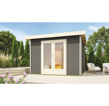 Saunahaus Karibu Sainburga 1 Set A inkl. 9 kW Ofen u.ext. Steuerung mit Vorraum und Holztüre mit Klarglas terragrau/weiß