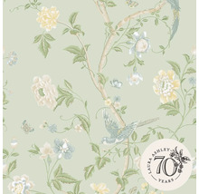 Tapete mit Blumen, Vögeln und Laura Ashley 70 Jahre Logo