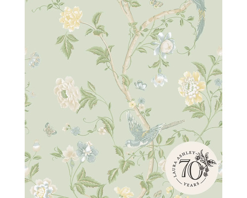 Vliestapete 121407 Laura Ashley Vögel salbei Tapete mit Blumen, Vögeln und Laura Ashley 70 Jahre Logo