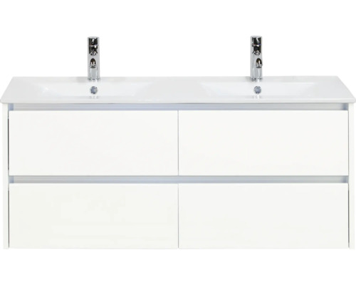 Badmöbelset Sanox Dante BxHxT 121 x 52 x 46 cm Frontfarbe weiß hochglanz mit Waschtisch Keramik Waschtischunterschrank mit zwei Waschbecken und vier Schubladen