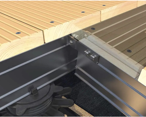 Detailansicht von Holzterrasse mit Unterkonstruktion aus Aluminium und höhenverstellbaren Füßen