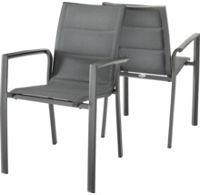 Zwei graue Gartenstühle mit Armlehnen und Textilbespannung