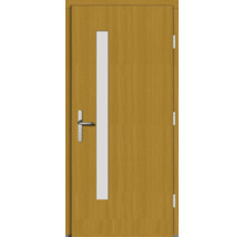 Holztür mit senkrechtem Glaseinsatz und Türgriff