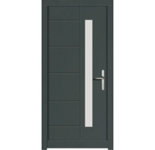 Graue Haustür mit Glaseinsatz und Edelstahlgriff