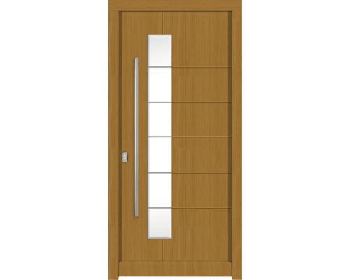 Haustür DW02a Kiefer/Eiche S22-Safran 1000x2100 mm DIN Links (nach innen öffnend) Holztür mit Glaselement und Edelstahlgriff