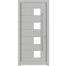 Graue Haustür mit Glaseinsätzen und Griff