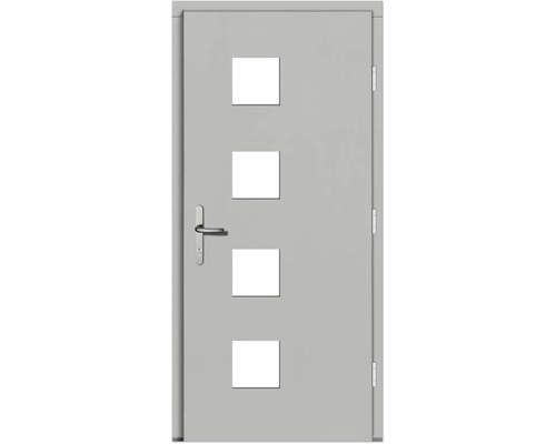 Außentür mit vier rechteckigen Ausschnitten, Türgriff und Scharnieren