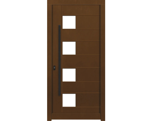 Haustür DW04 Kiefer/Eiche Aformosia 1000x2100 mm DIN Links (nach innen öffnend) Braune Haustür mit vier Glaseinsätzen und Griff