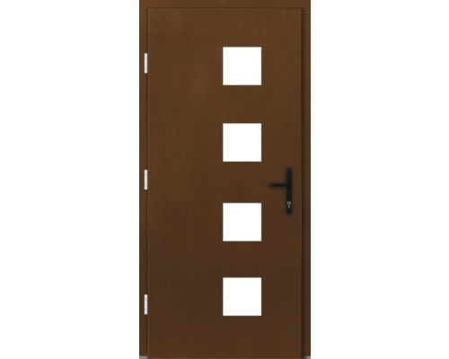 Haustür mit vier quadratischen Glaseinsätzen und schwarzem Türgriff