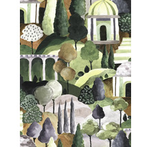 Gemälde einer Gartenlandschaft mit Bäumen und Bauwerken