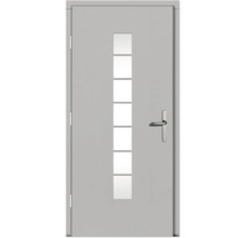 Graue Haustür mit Glaseinsatz und Griff