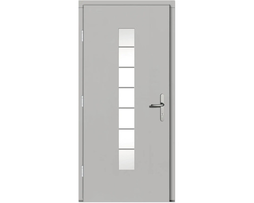 Graue Haustür mit Glaseinsatz und Griff