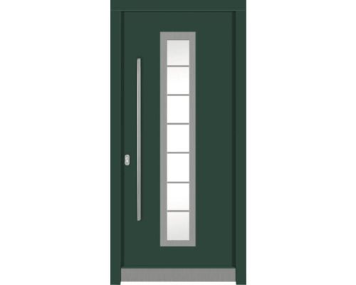Haustür DW12 Kiefer RAL 6005 moosgrün 1000x2100 mm DIN Links (nach innen öffnend) Moderne Haustür mit Glaseinsatz und Edelstahlgriff