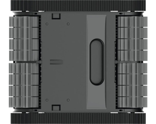 Draufsicht auf einen Poolreinigungsroboter mit Bürsten und Kettenantrieb