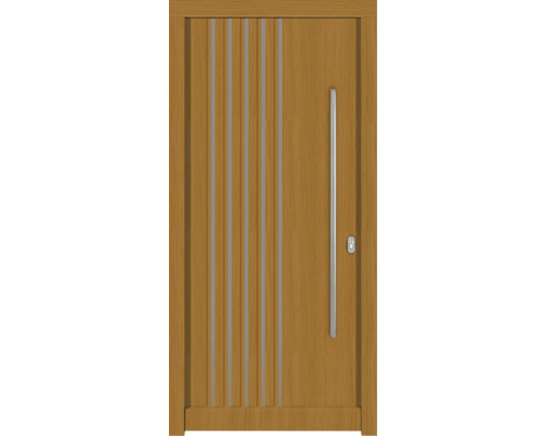 Haustür DW54 Kiefer/Eiche S22-Safran 1100x2100 mm DIN Rechts (nach innen öffnend) Holztür mit vertikalen Zierelementen, Griff und Schloss