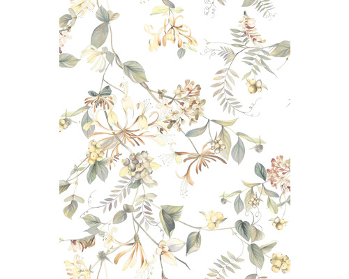 Vliestapete 47455 Flora Beeren grün weiß Blumenmuster mit Blättern und Blüten