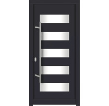 Moderne Haustür mit horizontalen Fensterelementen und Edelstahlgriff