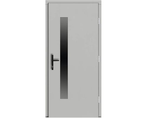 Graue Tür mit Griff, Schloss und Lichtausschnitt