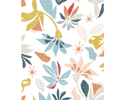 Vliestapete 47467 Flora Blätter gelb blau Blumenmuster mit verschiedenen Blüten und Blättern