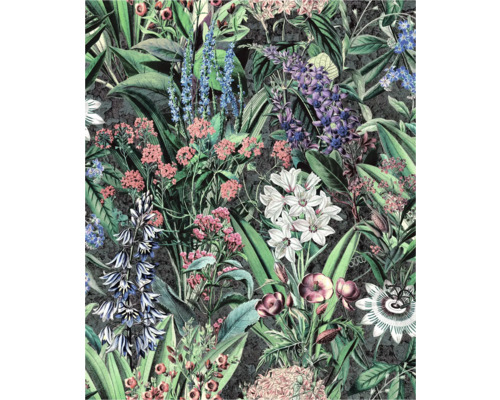 Vliestapete 47475 Flora Blumen grün schwarz Detailliertes florales Muster mit verschiedenen Blumen und Blättern
