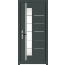 Graue Haustür mit Glaselementen und horizontalen Zierlinien