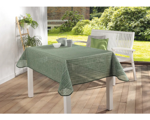 Gartentischdecke salbeigrün 160 x 220 cm Tisch mit grün gemusterter Tischdecke im Garten