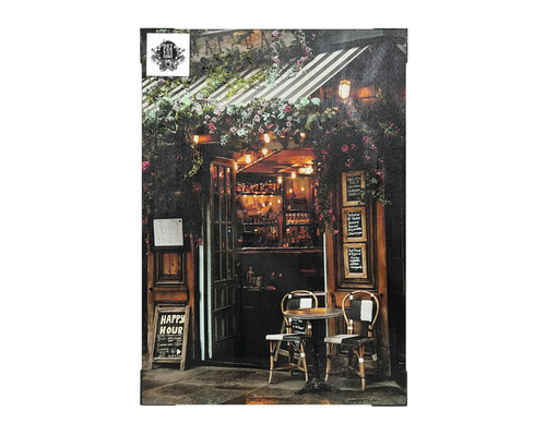 Dekorative Leinwand mit dem Motiv einer Bar im Vintage-Stil mit Tischen und Stühlen im Freien