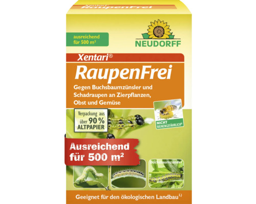 Raupenfrei Neudorff Xentari 25 g Xentari Raupenfrei zur Bekämpfung von Buchsbaumzünslern und Schadraupen, ausreichend für 500 Quadratmeter. Neudorff Logo. Nicht bienengefährlich.