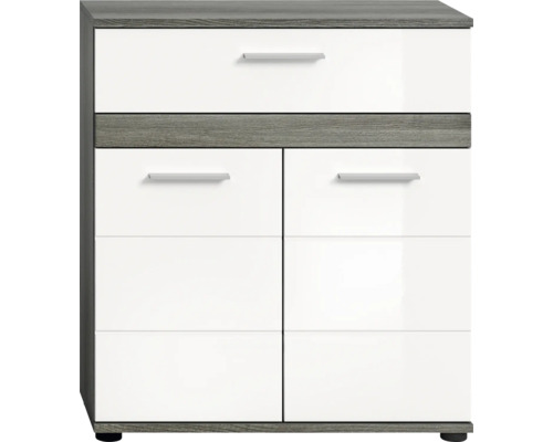 Xonox.home Unterschrank Blake BxHxT 70 x 79 cm x 31 cm Frontfarbe weiß hochglanz / Korpus rauchsilber Kommode mit Schubladen und Türen