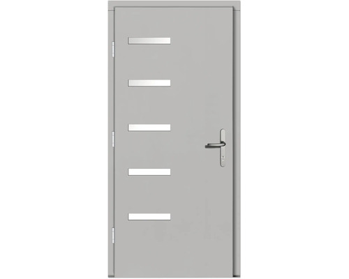 Graue Innentür mit fünf horizontalen Lichtausschnitten und Drückergarnitur