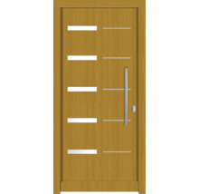 Holztür mit Griff und horizontalen Designelementen