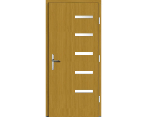 Holztür mit horizontalen Lichtausschnitten und Türgriff