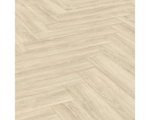 Laminat Nature Sense Newport Eiche creme Fischgrät 840 x 168 x 8 mm Helle Laminatbodenfläche im Fischgrätmuster verlegt