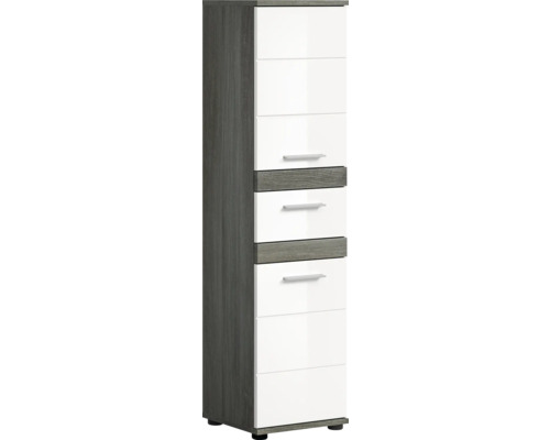 Xonox.home Midischrank Blake BxHxT 35 x 137 cm x 31 cm Frontfarbe weiß hochglanz / Korpus rauchsilber Schmaler Hochschrank mit Schubladen und Holzeffekt