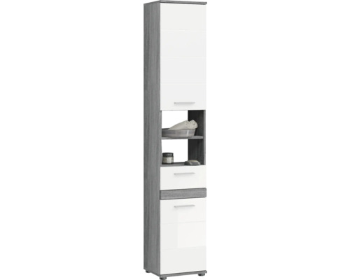 Xonox.home Hochschrank Blake BxHxT 35 x 191 cm x 31 cm Frontfarbe weiß hochglanz / Korpus rauchsilber Hochschrank für Badezimmer mit Regalen und Schubladen