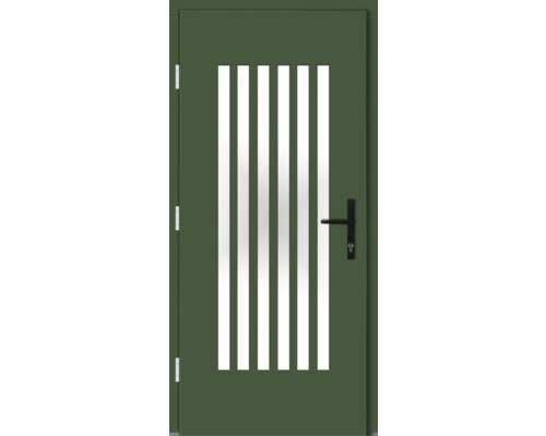 Grüne Tür mit fünf vertikalen Glaseinsätzen und Griff