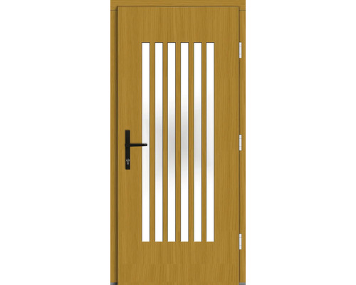 Holztür mit vertikalen Glaseinsätzen und schwarzem Türgriff
