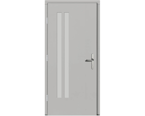 Graue Haustür mit zwei Lichtausschnitten und Türgriff